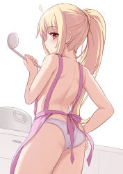 Rule 34 | 1girl, ahoge, apron, ass, back, bad id, bad twitter id, bare shoulders, blonde hair, blush, bocchi the rock!, breasts, cooking pot, highres, ijichi nijika, ladle, long hair, looking at viewer, looking back, milkshakework, naked apron, nearly naked apron, panties, pink apron, red eyes, side ponytail, sidelocks, small breasts, solo, stove, thighs, underwear, white panties