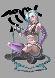 Rule 34 | 1girl, absurdres, arm tattoo, belt, bikini, bikini top only, blue hair, blush, boots, braid, breasts, brown gloves, bullets, choker, fingerless gloves, fishnet thighhighs, fishnets, gloves, highres, jinx (league of legends), league of legends, long hair, middle finger, pink eyes, single thighhigh, small breasts, smile, standing, swimsuit, tattoo, thigh strap, thighhighs, twin braids, very long hair