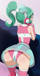 Rule 34 | 1girl, ass, blush stickers, calen (time bokan), closed eyes, from behind, goggles, goggles on head, green hair, haruyama kazunori, pink thighhighs, ponytail, see-through, see-through skirt, short hair, skirt, smile, solo, thighhighs, time bokan (series)