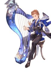 Rule 34 | 10s, 1boy, bow, bowtie, brown eyes, brown hair, elysian (granblue fantasy), formal, full body, gran (granblue fantasy), granblue fantasy, hair slicked back, harp, instrument, male focus, minaba hideo, music, official art, playing instrument, serious, short hair, sitting, smile, solo, stool, transparent background, tuxedo, white bow, white bowtie