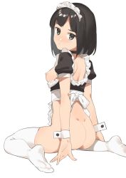 Rule 34 | 1girl, 2l (2lsize), apron, ass, bad id, bad twitter id, black eyes, black hair, blush, bob cut, bottomless, breasts, choker, dimples of venus, full body, highres, looking at viewer, looking back, maid, maid headdress, nipples, nose blush, original, short hair, simple background, sitting, small breasts, solo, top pull, waist apron, wariza, white background, wrist cuffs