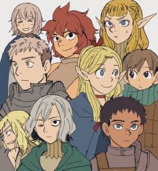 Rule 34 | 4boys, 5girls, armor, black eyes, black hair, blonde hair, blue eyes, blush, bow, brown eyes, brown hair, cape, closed eyes, closed mouth, dungeon meshi, dwarf, elf, falin touden, falin touden (tallman), fleki, green cape, grey hair, hair bow, halfling, kabru, laios touden, marcille donato, mithrun, multiple boys, multiple girls, namari (dungeon meshi), one eye closed, pattadol, pointy ears, red bow, red hair, simple background, smile, sweatdrop, uk2521