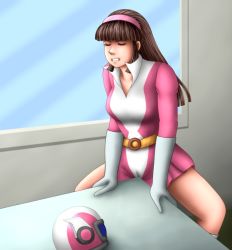 Rule 34 | 1girl, belt, breasts, brown hair, cameltoe, cleft of venus, clenched teeth, crotch rub, dress, closed eyes, female masturbation, gloves, hairband, helmet, long hair, masturbation, mazinger (series), mazinger z, open mouth, solo, spread legs, table, table humping, teeth, toei animation, triffid, window, yumi sayaka