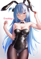 Rule 34 | 1girl, ;p, absurdres, alternate costume, animal ears, armpits, azur lane, bare shoulders, black bow, black leotard, black ribbon, blue hair, blush, bow, bowtie, breasts, cleavage, commentary request, cowboy shot, detached collar, fake animal ears, hair ribbon, hand on own ear, hands up, highres, hip focus, leotard, long hair, makihige, medium breasts, neptune (azur lane), one eye closed, pantyhose, pulled by self, pulling own ear, rabbit ears, ribbon, signature, simple background, skin tight, solo, standing, thigh gap, thighs, tongue, tongue out, very long hair, yellow eyes