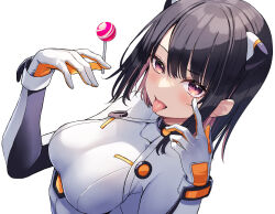 Rule 34 | 1girl, akanbe, ao no neko, black hair, blush, bodysuit, breasts, candy, eyelid pull, food, hairpods, highres, holding, holding candy, holding food, holding lollipop, lollipop, looking at viewer, medium breasts, original, pilot suit, red eyes, simple background, solo, tongue, tongue out, upper body, white background, white bodysuit
