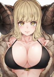 Rule 34 | 1girl, absurdres, ahoge, anila (granblue fantasy), bare shoulders, bikini, black bikini, blonde hair, blunt bangs, blush, breasts, brown hair, cleavage, closed mouth, coat, collarbone, commentary request, curled horns, draph, eyebrows, fur coat, granblue fantasy, hands up, highres, horns, hyouta (yoneya), large breasts, light smile, long hair, long sleeves, looking at viewer, off shoulder, open clothes, open coat, pink lips, sheep horns, short eyebrows, sidelocks, sleeves past wrists, smile, solo, swimsuit, thick eyebrows, yellow eyes