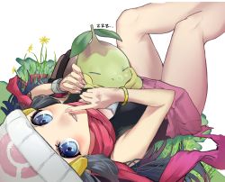 Rule 34 | 1girl, beanie, black hair, blue eyes, blush, bracelet, commentary request, creatures (company), dawn (pokemon), finger to mouth, fingernails, flower, game freak, gen 4 pokemon, grass, hair ornament, hat, highres, index finger raised, jewelry, long hair, looking at viewer, lying, nail polish, nintendo, on back, parted lips, pink nails, pokemon, pokemon (creature), pokemon dppt, scarf, sleeping, tamukoro, turtwig, white headwear, yellow flower, zzz