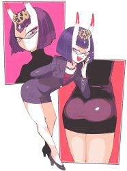 Rule 34 | 1girl, alternate costume, ass, bob cut, business suit, eyeliner, fate/grand order, fate (series), formal, glasses, highres, horns, inkerton-kun, jewelry, looking at viewer, makeup, necklace, office lady, oni, pearl necklace, pencil skirt, purple eyes, purple hair, short eyebrows, short hair, shuten douji (fate), skin-covered horns, skirt, skirt suit, smile, solo, suit