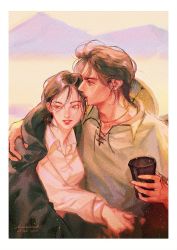 Rule 34 | 1boy, 1girl, artist name, border, breasts, brown hair, collared shirt, couple, cup, eren yeager, facial scar, grey shirt, hat on back, hetero, highres, holding, holding cup, jacket, jacket on shoulders, kissing hair, lacampanule, long sleeves, looking to the side, medium breasts, messy hair, mikasa ackerman, mountain, outdoors, parted lips, scar, scar on cheek, scar on face, shingeki no kyojin, shirt, short hair, smile, upper body, white shirt