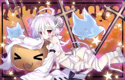 Rule 34 | 1girl, ahoge, akatsuki (ggsy7885), azur lane, bandages, bolt, detached sleeves, frills, ghost, hair over one eye, halloween, highres, naked bandage, object through head, pumpkin, red eyes, screw, screw in head, sleeves past fingers, sleeves past wrists, solo, stitches, terror (azur lane), terror (halloween terror) (azur lane), white hair