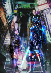Rule 34 | 1boy, 1girl, absurdres, alley, bad id, bad pixiv id, blue eyes, blue hair, body armor, bodysuit, breasts, city, city lights, cityscape, covered mouth, cyberpunk, derorin8641, energy sword, from below, glowing, graffiti, hair between eyes, hair over one eye, highres, looking at viewer, original, purple hair, science fiction, sign, small breasts, sword, vanishing point, weapon