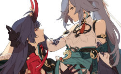 Rule 34 | 2girls, arm strap, black gloves, blue eyes, blue hair, breasts, brown eyes, character request, clothing cutout, commentary, english commentary, eyeshadow, from side, fu hua, fu hua (azure empyrea), gloves, hand on another&#039;s stomach, holding, honkai (series), honkai impact 3rd, horns, leaning forward, long hair, maiqo, makeup, multiple girls, obi, ponytail, raiden mei, raiden mei (herrscher of thunder), red eyeshadow, sash, shoulder cutout, small breasts, smile, white background, yin yang, yuri