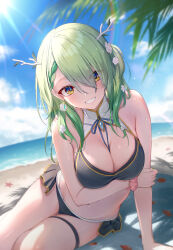 Rule 34 | 1girl, absurdres, arm scrunchie, beach, beach towel, bikini, blue sky, blush, breasts, ceres fauna, cleavage, cloud, day, flower, green hair, grin, hair flower, hair ornament, highres, hololive, hololive english, large breasts, leaning forward, long hair, lying, mole, mole under eye, navel, on side, outdoors, sky, smile, solo, starfish, stomach, sunlight, swimsuit, tokisaka makoto, towel, virtual youtuber, wet, wrist cuffs, yellow eyes