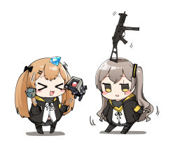 Rule 34 | &gt; &lt;, 2girls, :3, :d, armband, balancing, balancing on head, black gloves, black jacket, black pantyhose, blush, blush stickers, brown hair, chibi, closed eyes, commentary, core (girls&#039; frontline), cube, detergent, diamond (gemstone), dinergate (girls&#039; frontline), fingerless gloves, girls&#039; frontline, gloves, grey hair, gun, hair ornament, hairclip, highres, hood, hood down, hooded jacket, jacket, juggling, junsuina fujunbutsu, long hair, looking at viewer, multiple girls, object on head, one side up, open clothes, open jacket, open mouth, pantyhose, scar, scar across eye, scar on face, simple background, smile, submachine gun, twintails, ump45 (girls&#039; frontline), ump9 (girls&#039; frontline), weapon, white background
