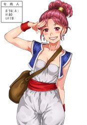 Rule 34 | 1girl, bag, between breasts, blush, breasts, cleavage, clenched teeth, dragon quest, dragon quest iii, earrings, eyebrows, hair up, high ponytail, highres, jewelry, legs, looking at viewer, matching hair/eyes, merchant (dq3), over shoulder, pink eyes, pink hair, ponytail, sakuradou, salute, shiny skin, shoulder bag, simple background, sleeveless, small breasts, smile, solo, standing, teeth, thighs, vest, white background