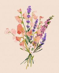 Rule 34 | bouquet, commentary, english commentary, flower, grey background, highres, lavender (flower), leaf, libbyframe, no humans, original, pink flower, plant, purple flower, signature, simple background, still life, sweet pea, white flower