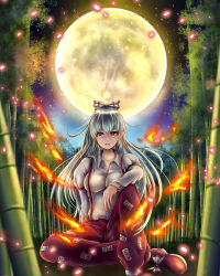 Rule 34 | 1girl, amatoubun, arm rest, armband, bamboo, bamboo forest, breasts, embers, fire, forest, fujiwara no mokou, full moon, hair ribbon, highres, impossible clothes, impossible shirt, indian style, knee up, lips, long hair, long sleeves, looking at viewer, medium breasts, moon, nature, night, ofuda, outdoors, pants, parted lips, red eyes, red footwear, ribbon, shirt, footwear ribbon, shoes, silver hair, sitting, on ground, sky, solo, star (sky), starry sky, suspenders, touhou, very long hair, white shirt
