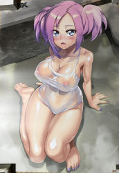 Rule 34 | 1girl, absurdres, breasts, cleavage, covered erect nipples, highres, large breasts, nail polish, nashida oriha, open mouth, satou shouji, see-through, solo, sweat, swimsuit, triage x