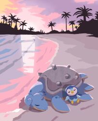 Rule 34 | closed eyes, closed mouth, cloud, commentary, creatures (company), game freak, gen 1 pokemon, gen 4 pokemon, highres, lapras, lying, nintendo, no humans, on stomach, outdoors, palm tree, piplup, pokemon, pokemon (creature), sand, shore, silhouette, sky, sleeping, smile, tomozo (muginosukejr), tree, water