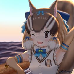 Rule 34 | 1girl, acorn, animal ears, arm up, belt, brown eyes, brown hair, chipmunk ears, chipmunk girl, chipmunk tail, elbow gloves, extra ears, gloves, highres, kemono friends, kemono friends v project, looking at viewer, microphone, ocean, one eye closed, ratrenarms, ribbon, shirt, short hair, siberian chipmunk (kemono friends), sleeveless, sleeveless shirt, tail, vest, virtual youtuber
