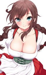 Rule 34 | 1girl, apron, arms behind back, bodice, braid, breasts, brown hair, cleavage, commentary request, commission, cowboy shot, dirndl, german clothes, green eyes, highres, kantai collection, large breasts, looking at viewer, noshiro (kancolle), red skirt, shirt, simple background, skeb commission, skirt, solo, swept bangs, twin braids, waist apron, waitress, white apron, white background, white shirt, yomogi dango