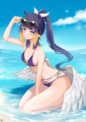 Rule 34 | 1girl, absurdres, adjusting eyewear, alternate costume, arm between legs, arm up, beach, bikini, blue bikini, blue eyes, blue hair, blue sky, blunt bangs, blush, breasts, closed mouth, cloud, commentary, day, english commentary, feathered wings, halterneck, highres, hololive, hololive english, long hair, looking at viewer, low wings, lucferz, medium breasts, ninomae ina&#039;nis, o-ring, o-ring top, ocean, partially submerged, pointy ears, ponytail, print bikini, sky, solo, string bikini, sunglasses, swimsuit, tentacle hair, thighs, virtual youtuber, white wings, wings
