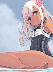 Rule 34 | 1girl, alakoala, black sailor collar, blonde hair, blue eyes, blush, commentary request, flower, from side, hair flower, hair ornament, head tilt, highres, kantai collection, long hair, ocean, one-piece swimsuit, open mouth, ro-500 (kancolle), sailor collar, sitting, solo, swimsuit, tan, tanline
