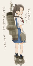 Rule 34 | 1girl, ayanami (kancolle), ayanami rei (cosplay), blue skirt, brown hair, collared shirt, cosplay, dress shirt, grey background, kantai collection, kujira naoto, long hair, looking at viewer, looking back, machinery, name connection, neon genesis evangelion, school uniform, serafuku, shirt, short sleeves, side ponytail, simple background, skirt, solo, tokyo-3 middle school uniform, translation request, white shirt