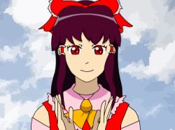 Rule 34 | 1girl, animated, animated gif, artist request, bow, clapping, cloud, cloudy sky, congratulations, day, detached sleeves, drawfag, hair bow, hair tubes, hakurei reimu, long hair, lowres, neon genesis evangelion, parody, red bow, sidelocks, simple background, sky, smile, solo, touhou, upper body
