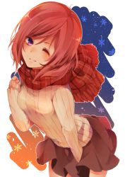 Rule 34 | 10s, 1girl, ;), akit (15jamjam), alternate costume, bad id, bad pixiv id, highres, light smile, looking at viewer, love live!, love live! school idol festival, love live! school idol project, nishikino maki, one eye closed, parted bangs, plaid, plaid scarf, purple eyes, red hair, ribbed sweater, scarf, short hair, skirt, skirt tug, smile, solo, sweater, winter clothes