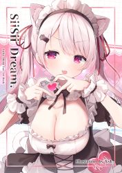 Rule 34 | 1girl, alternate costume, animal ear fluff, animal ears, apron, artbook, black bow, black bowtie, black shirt, blush, bow, bowtie, breasts, bustier, cat ears, cleavage, cover, cover page, enmaided, hair ornament, hairclip, heart, heart hands, highres, ksk (semicha keisuke), large breasts, looking at viewer, maid, maid headdress, nijisanji, pink eyes, pink hair, puffy short sleeves, puffy sleeves, shiina yuika, shiina yuika (5th costume), shirt, short sleeves, solo, twintails, underbust, virtual youtuber, waist apron, winged arms, wings, wrist cuffs
