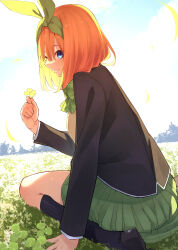 Rule 34 | 1girl, absurdres, arm support, black jacket, black socks, blue eyes, blue sky, blurry, bow, brown footwear, closed mouth, cloud, clover, commentary, day, depth of field, eyebrows hidden by hair, falling leaves, feet out of frame, fingernails, four-leaf clover, go-toubun no hanayome, grass, green bow, green hairband, green ribbon, green skirt, hair between eyes, hair over shoulder, hair ribbon, hairband, hand up, highres, holding, holding clover, jacket, kneehighs, leaf, leaning forward, light blush, long sleeves, looking at viewer, medium hair, miniskirt, nakano yotsuba, nose, orange hair, outdoors, perspective, plaid, plaid bow, pleated skirt, profile, ribbon, school uniform, sidelighting, sideways glance, sitting, skirt, sky, smile, socks, solo, sunlight, sweater vest, tamago sando, wariza, yellow sweater vest