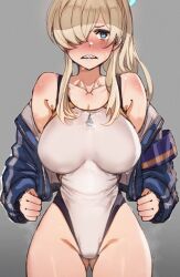 Rule 34 | 1girl, animated, animated gif, blonde hair, blue archive, blue eyes, blue halo, blue jacket, blush, bow (bhp), breasts, clenched teeth, collarbone, competition swimsuit, covered erect nipples, cowboy shot, gluteal fold, hair over one eye, halo, jacket, kanna (blue archive), kanna (swimsuit) (blue archive), large breasts, long hair, long sleeves, looking at viewer, official alternate costume, one-piece swimsuit, open clothes, open jacket, sharp teeth, solo, swimsuit, teeth, white one-piece swimsuit