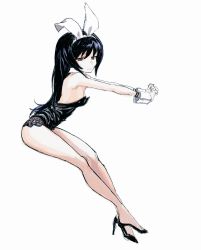 Rule 34 | 10s, 1girl, animal ears, bare legs, black hair, breasts, brown eyes, commentary request, crossed legs, detached collar, fake animal ears, from side, girls und panzer, gloves, hairband, high heels, highres, jack), kotoyama, leotard, long hair, no bra, outstretched arms, oversized clothes, playboy bunny, rabbit ears, reizei mako, simple background, small breasts, solo, sweatdrop, white background