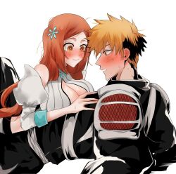 1boy 1girl artist_request bleach bleach:_sennen_kessen-hen blush breasts cleavage girl_on_top hetero highres inoue_orihime kurosaki_ichigo large_breasts long_hair midriff orange_hair