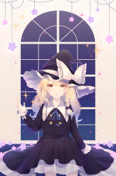Rule 34 | 1girl, absurdres, black bow, black dress, black hat, blonde hair, blue bow, blue bowtie, bow, bowtie, braid, brown eyes, buttons, collar, collared dress, dress, frills, hair between eyes, hair bow, hand up, hat, hat bow, highres, kirisame marisa, long hair, long sleeves, looking up, night, night sky, open mouth, shinketsu kanyu, single braid, sitting, sky, solo, sparkle, star (sky), star (symbol), starry sky, touhou, wall, white bow, window, witch hat, yellow eyes
