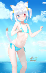 Rule 34 | 1girl, absurdres, animal ear fluff, animal ears, arisugawa etona, artist logo, bare arms, bare legs, bare shoulders, bikini, blue bikini, blue eyes, blush, breasts, cat ears, cat tail, cloud, cloudy sky, collarbone, embarrassed, facing viewer, fang, frenchi yuzuriha, hair ribbon, heterochromia, highres, indie virtual youtuber, navel, ocean, paw pose, red eyes, ribbon, short hair, side-tie bikini bottom, sideways glance, signature, skin fang, sky, small breasts, stomach, swimsuit, tail, tail raised, two side up, virtual youtuber, water, white hair, yellow ribbon