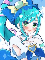 Rule 34 | 1girl, :d, blue bow, blue hair, blush, bow, brooch, cure spicy, delicious party precure, detached collar, earrings, fuwa kokone, gloves, green eyes, hair bow, hair ornament, hair rings, heart, heart brooch, highres, jewelry, long hair, looking at viewer, magical girl, multicolored hair, open mouth, pink hair, ponytail, precure, puffy sleeves, smile, solo, two-tone hair, umiyuki (umi chu), upper body, white gloves
