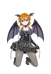 Rule 34 | 1girl, bare shoulders, bat wings, blue eyes, breasts, chain, choker, cle masahiro, frilled skirt, frills, full body, halterneck, head wings, heart, heart choker, highres, kneeling, leggings, lock, looking at viewer, official art, orange hair, pantyhose, rydia godil, short hair, simple background, skirt, smile, solo, valkyrie drive, valkyrie drive -siren-, white background, wings