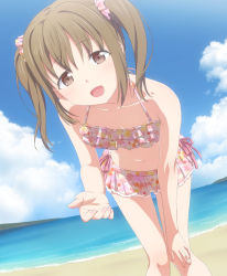Rule 34 | 1girl, :d, beach, bikini, bikini skirt, blush, breasts, brown eyes, brown hair, cloud, collarbone, day, dutch angle, eyebrows, floral print, frilled bikini, frilled swimsuit, frills, grey eyes, grey hair, hair ornament, hair scrunchie, halterneck, hand on own knee, happy, head tilt, leaning forward, legs together, looking at viewer, matching hair/eyes, navel, ocean, open mouth, original, outdoors, outstretched hand, pink ribbon, print bikini, ribbon, scrunchie, sidelocks, sky, small breasts, smile, solo, swimsuit, thigh gap, twintails, uma (uma1111), water