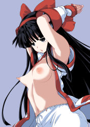 Rule 34 | 1girl, ainu clothes, armpits, arms behind head, black hair, breasts, fingerless gloves, gloves, grey eyes, hair ribbon, highres, hirowa nagi, long hair, looking at viewer, medium breasts, nakoruru, navel, nipples, open clothes, open mouth, pants, ribbon, samurai spirits, snk, solo, torn clothes