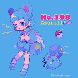 Rule 34 | 1girl, aqua background, azurill, bag, blue footwear, blue hair, blue shirt, blue shorts, blunt bangs, blush, blush stickers, character name, creatures (company), earrings, english text, full body, game freak, gen 3 pokemon, heart, highres, jewelry, long sleeves, looking at viewer, medium hair, moemon, narumame, nintendo, parted lips, personification, poke ball, poke ball (basic), pokedex number, pokemon, pokemon (creature), polka dot, puffy shorts, sad, sailor collar, shirt, shoes, shorts, shoulder bag, simple background, smile, socks, standing, twitter username