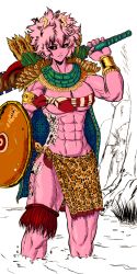 Rule 34 | 1girl, abs, antennae, ashido mina, aztec, biceps, boku no hero academia, bracelet, breasts, cape, colored skin, female focus, gutsbro14, hand up, highres, holding, holding weapon, jewelry, large breasts, muscular, muscular female, pink hair, pink skin, shield, solo, solo focus, standing, stomach, tattoo, thighhighs, thighs, tree, tribal, tribal clothes, tribal mark, tribal tattoo, weapon, yellow eyes