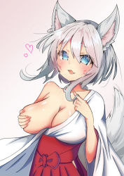 Rule 34 | 1girl, absurdres, animal ears, blue eyes, breasts, covering privates, covering breasts, fang, fox ears, fox girl, fox tail, gradient background, grey hair, hakama, heart, highres, japanese clothes, large breasts, long sleeves, looking at viewer, miko, one breast out, open mouth, original, red hakama, seakitsune, short hair, skin fang, solo, tail, upper body, wide sleeves