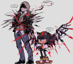 Rule 34 | ..., 2boys, aimf, alex mercer, claws, crossover, energy wings, gloves, grey background, hood, hood up, jacket, looking at another, multiple boys, pants, prototype (game), shaded face, shadow the hedgehog, sonic (series), standing, sweat