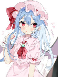 Rule 34 | 1girl, alternate hair length, alternate hairstyle, bat wings, blue hair, blush, brooch, dress, flying sweatdrops, hair between eyes, hat, jewelry, long hair, mob cap, open mouth, pink dress, pink hat, puffy short sleeves, puffy sleeves, red eyes, remilia scarlet, short sleeves, simple background, solo, touhou, upper body, white background, wings, wrist cuffs, yumeno ruruka
