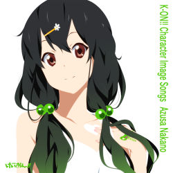 Rule 34 | album cover, alternate hairstyle, bare shoulders, black hair, bodypaint, brown eyes, character single, cover, dress, hair ornament, hairclip, instrument, k-on!, long hair, nakano azusa, nanao, simple background, solo, twintails