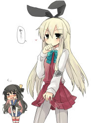 Rule 34 | 2girls, anchor hair ornament, blue bow, blue bowtie, bow, bowtie, collared shirt, cosplay, costume switch, cowboy shot, elbow gloves, gloves, hair ornament, kantai collection, long hair, long sleeves, multiple girls, naganami (kancolle), naganami (kancolle) (cosplay), nagasioo, pantyhose, pleated skirt, red skirt, shimakaze (kancolle), shimakaze (kancolle) (cosplay), shirt, simple background, skirt, standing, thighhighs, thinking, very long hair, vest, white background