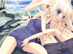 Rule 34 | 1boy, 1girl, blonde hair, blue eyes, cameltoe, censored, game cg, masturbation, one-piece swimsuit, outdoors, penis, school swimsuit, source request, swimsuit