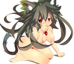 Rule 34 | 1girl, animal ears, bad id, bad pixiv id, barefoot, black hair, blush, bow, breast press, breasts, brown eyes, cat ears, cat girl, cat tail, female focus, hair bow, kemonomimi mode, large breasts, long hair, looking at viewer, nipples, nude, open mouth, paw pose, reiuji utsuho, simple background, sitting, solo, tail, third eye, touhou, very long hair, white background, zamudelin